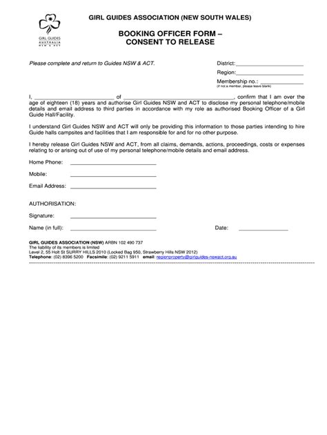 Fillable Online Girlguides Nswact Org Booking Officer Form Consent To