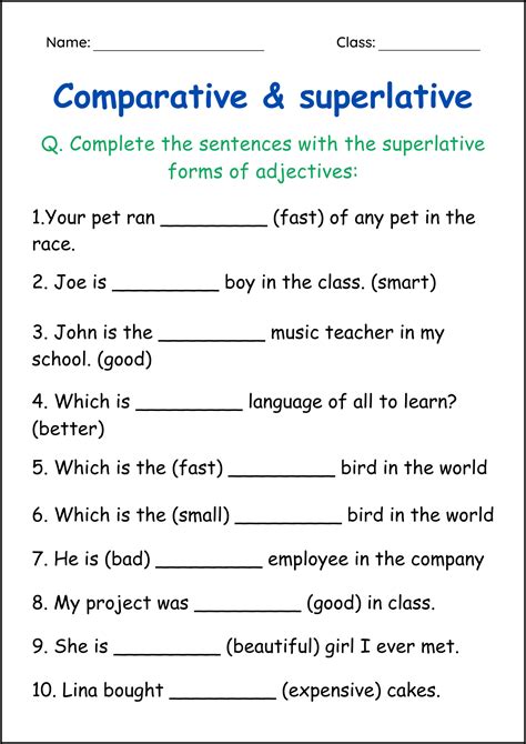 Comparative And Superlative Adjectives Grammar Worksheets For Grade 1