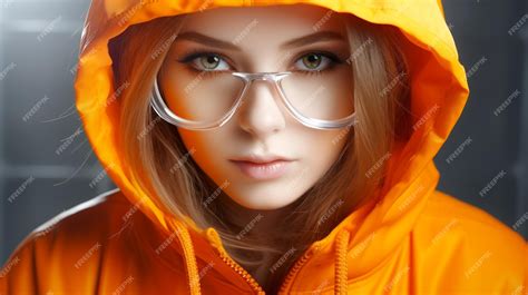 Premium Ai Image Young Woman Wear Glasses In Orange Hoodie Generative Ai