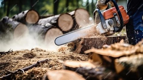 Premium Ai Image Worker Using Chainsaw For Cutting The Wood Deforestation Forest Cutting Concept