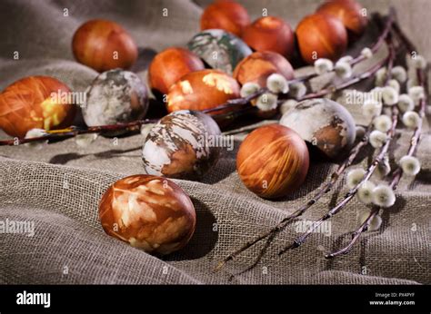 Easter Eggs Painted Eggs With Pussy Willow On The Linen Cloth Stock Photo Alamy