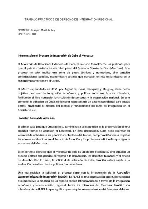 Trabajo Practico 3 DE Derecho DE Integración Regional 1 TRABAJO