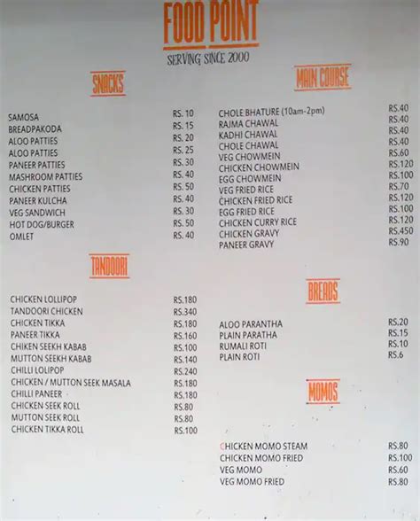 Menu at Food Point, New Delhi, Avenue Road Nungambakkam