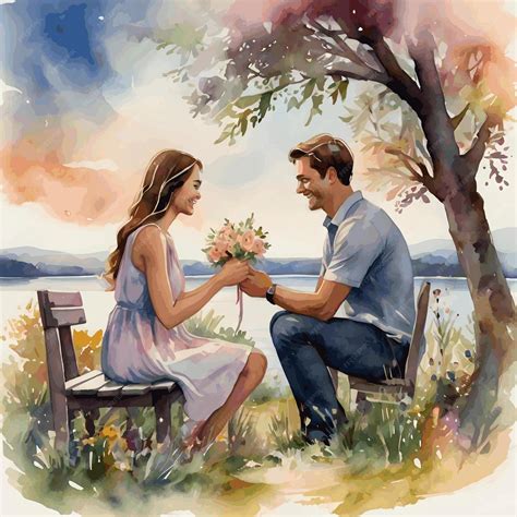 Watercolor Illustration Of A Man Proposing To His Girlfriend Premium