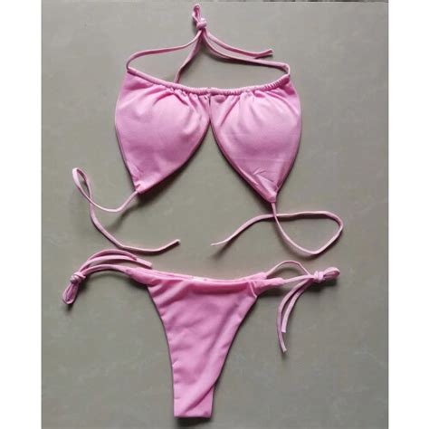 Pink L Summer Sexy Bikini Set Push Up Padded Bra Thong Split Swimwear Female Bandage Bathing