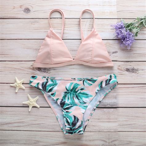 Strappy Leaf Print Triangle Bikini Set Wetsuitsbuy