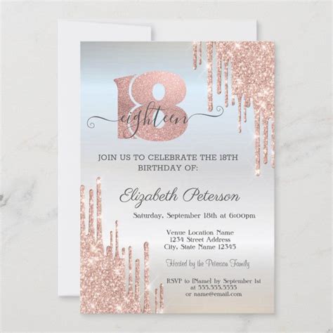 Rose Gold Glitter Drips Silver 18th Birthday Invitation Zazzle Artofit