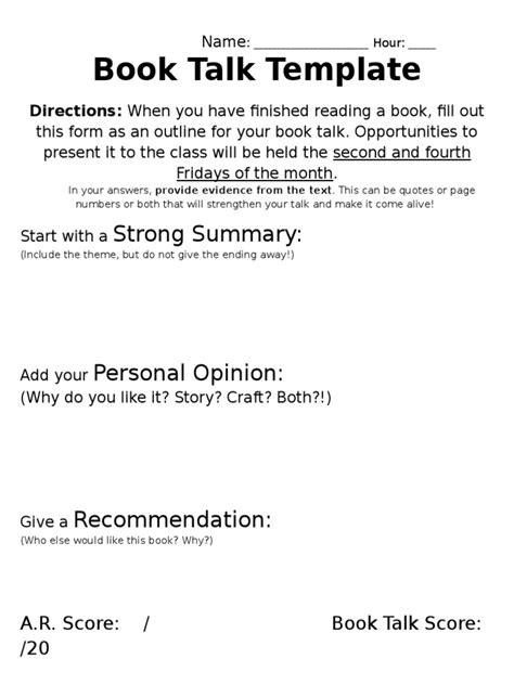 Book Talk Template Pdf