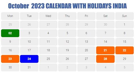 October 2023 Calendar India - Get Calender 2023 Update