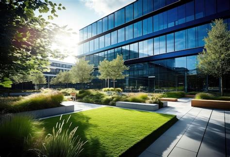 Modern Corporate Building With Lush Green Landscape Premium Ai