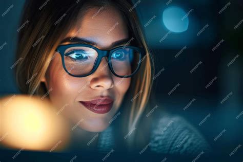 Premium Photo | A woman wearing glasses looking at a computer screen