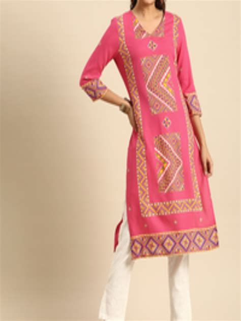 Buy Anouk Women Pink And White Geometric Printed V Neck Pure Cotton Kurta