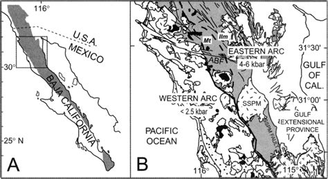 (a) Map of the Peninsular Ranges batholith, with (b) a more detailed ...