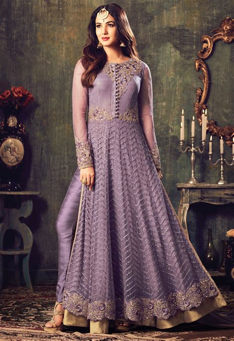 Sonal Chauhan Lavender Color Net Party Wear Anarkali Suit 4707