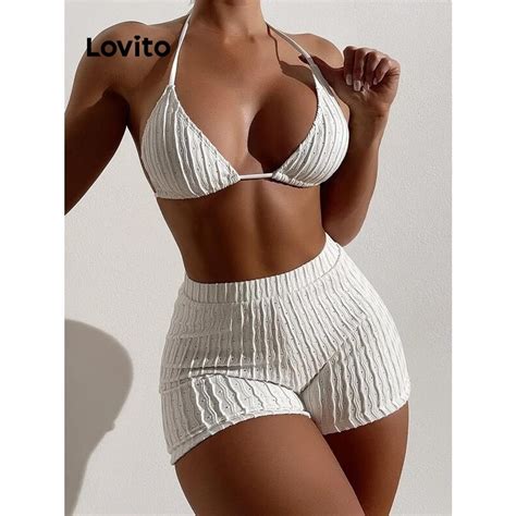 Lovito Women Casual Plain Lace Up Backless Bikini Sets Lnl