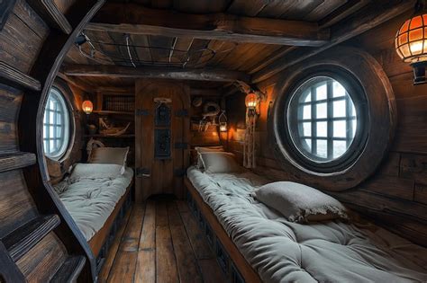 Interior Of Bedroom Cabin Room On Medieval Pirate Ship Inside Pirate Sail Boat Premium Ai