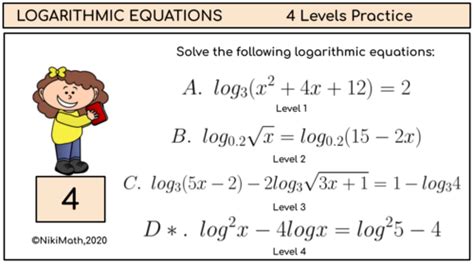 Logarithmic Equations Four Levels Practice 24 Challenging Problems Teaching Resources