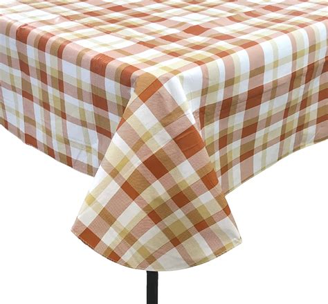 Thanksgiving Fall Flannel Back Vinyl Tablecloth Burnt Orange Tan Beige White Tartan Plaid 52 X