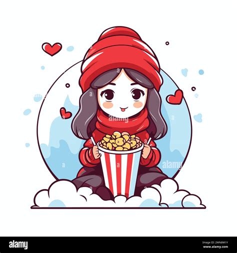 Cute little girl eating popcorn. Vector illustration in cartoon style ...