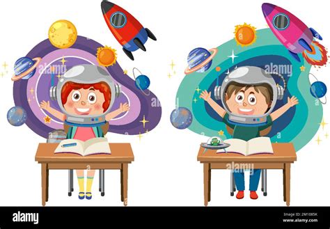 Niños De Dibujos Animados Aprendiendo Ilustración De Astronomía Imagen Vector De Stock Alamy