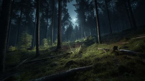 Premium AI Image | A dark forest with a light on the ground and a light ...