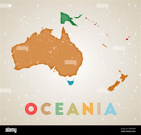 Oceania Map Continent Poster With Colored Regions Old Grunge Texture