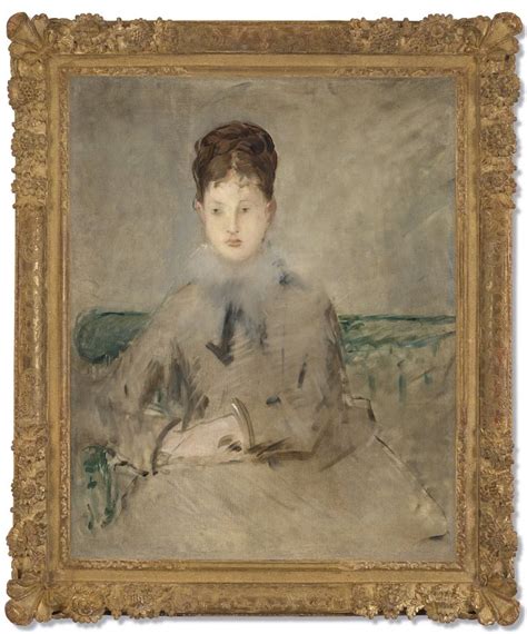 A Painting Of A Woman Sitting In A Chair With Her Hands On Her Knees