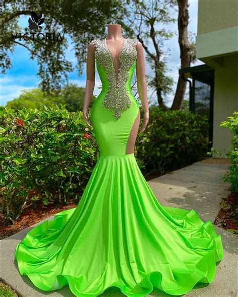 Backless Fluorescent Green Long Prom Dresses For Black Girls Mermiad Wedding Dress Birthday