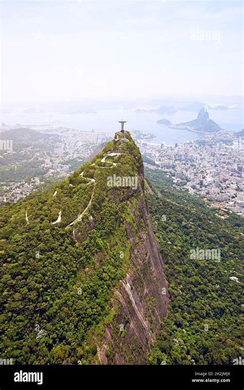 Rios most famous monument Christ the Redeemer. Aerial view of Rio De ...