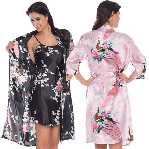 2 Piece Set Women Silk Peacock Kimono Robes Sexy Lingerie Women Wedding