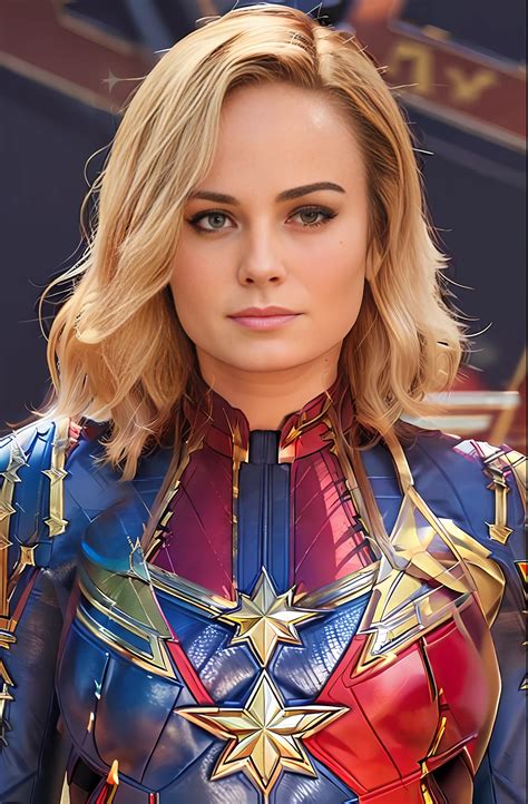 Full Body Portrait Of Brie Larson Wearing The Captain Marvel Outfit