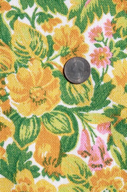 60s Vintage Linen Weave Cotton Fabric W Retro Floral Print Yellow