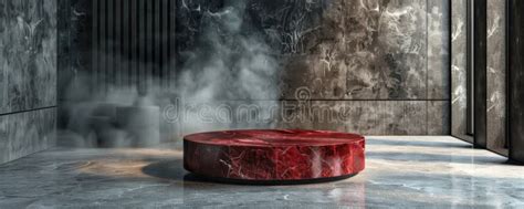 A Striking Red Marble Table Podium In A Modern Bold Room With Smoke