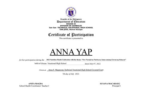 nutrition month sample certificate department  education region iii