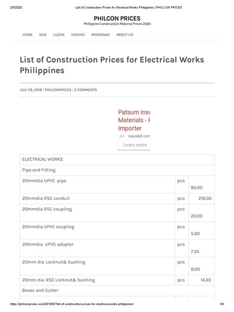 List Of Construction Prices For Electrical Works Philippines Philcon