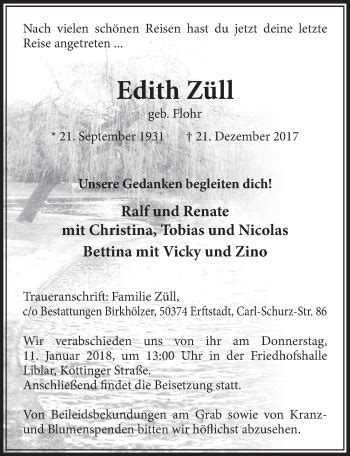 Traueranzeigen Von Edith Z Ll Wirtrauern