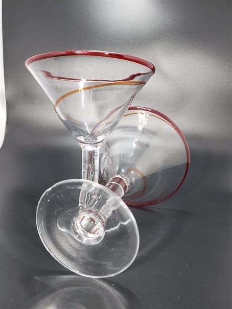 Set Of 2 Jumbo Vintage Hand Blown Margarita Glasses Red Swirl Etsy