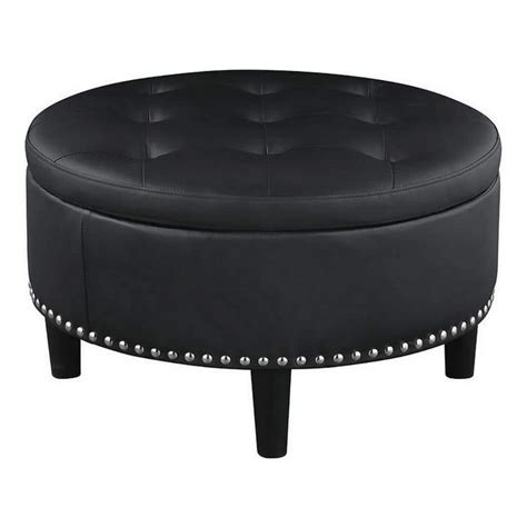 Benjara Black Faux Leather Round Storage Ottoman Bm294800 The Home Depot