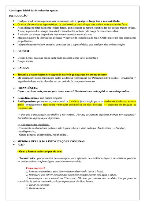 Intoxicação Aguda 2 Anotações aula Abordagem inicial das