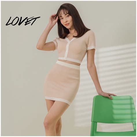 Lovet Sabby Contrast Knit Mini Skirt Nude Blush Pink White Two Tone