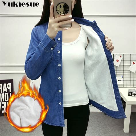 2022 casual inverno outono quente grosso lã denim blusas femininas