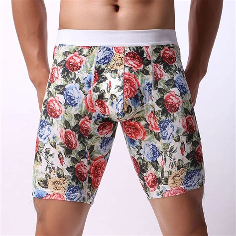 Sexy Underwear Men Boxer Shorts Homme Floral Print Mid Waist U Convex Pouch Long Leg Underpants