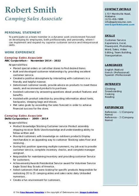 Camping Sales Associate Resume Samples Qwikresume