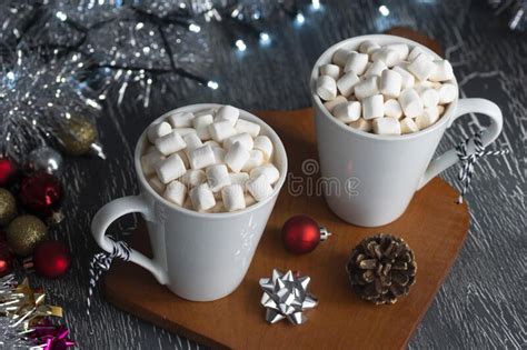 Hot Chocolate Or Cocoa With Marshmallows And Festive Christmas Decorations Stock Photo Image