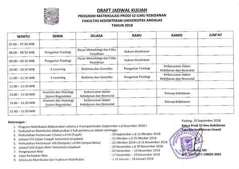 Jadwal Perkuliahan T A Program Studi S Ilmu Kebidanan