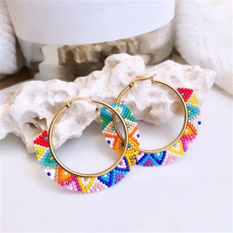 Beaded Hoop Earrings Bright Colorful Beaded Hoops Large Boho Etsy