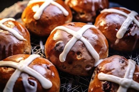 Assortment Of Hot Cross Buns With Different Fillings On A Festive Table Stock Image Image Of