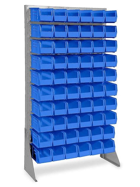 Single Sided Floor Rack Bin Organizer With 11 X 5 1 2 X 5 Blue Bins H