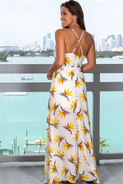 Ivory Floral Printed Maxi Dress With Side Slit Maxi Dresses Saved