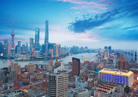 Aerial Photography At Shanghai Bund Skyline Of Dusk Stock Photo - Image of overlooking, cloud ...